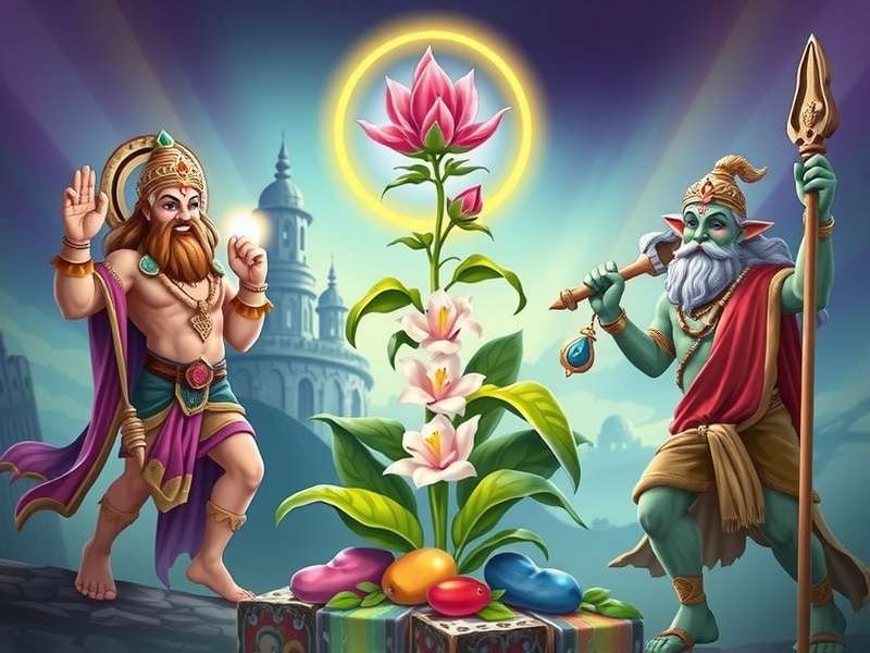 Hallowed Tulsi Way game banner featuring sacred Tulsi plant and mythological characters